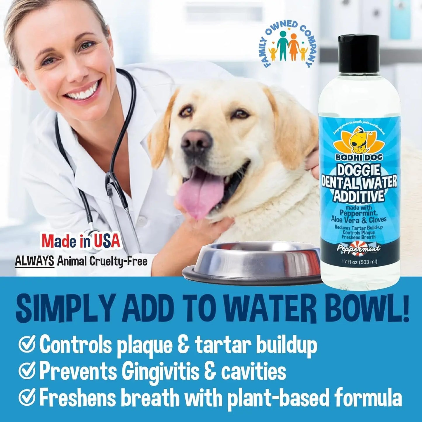 Peppermint Dental Dog Water Additive - Dental Water Additive for Dogs & Pets - Teeth, Breath & Healthy Gums - Freshens Breath & Reduces Tartar Build up - Oral Care Cleaner- Made in USA, 17Oz