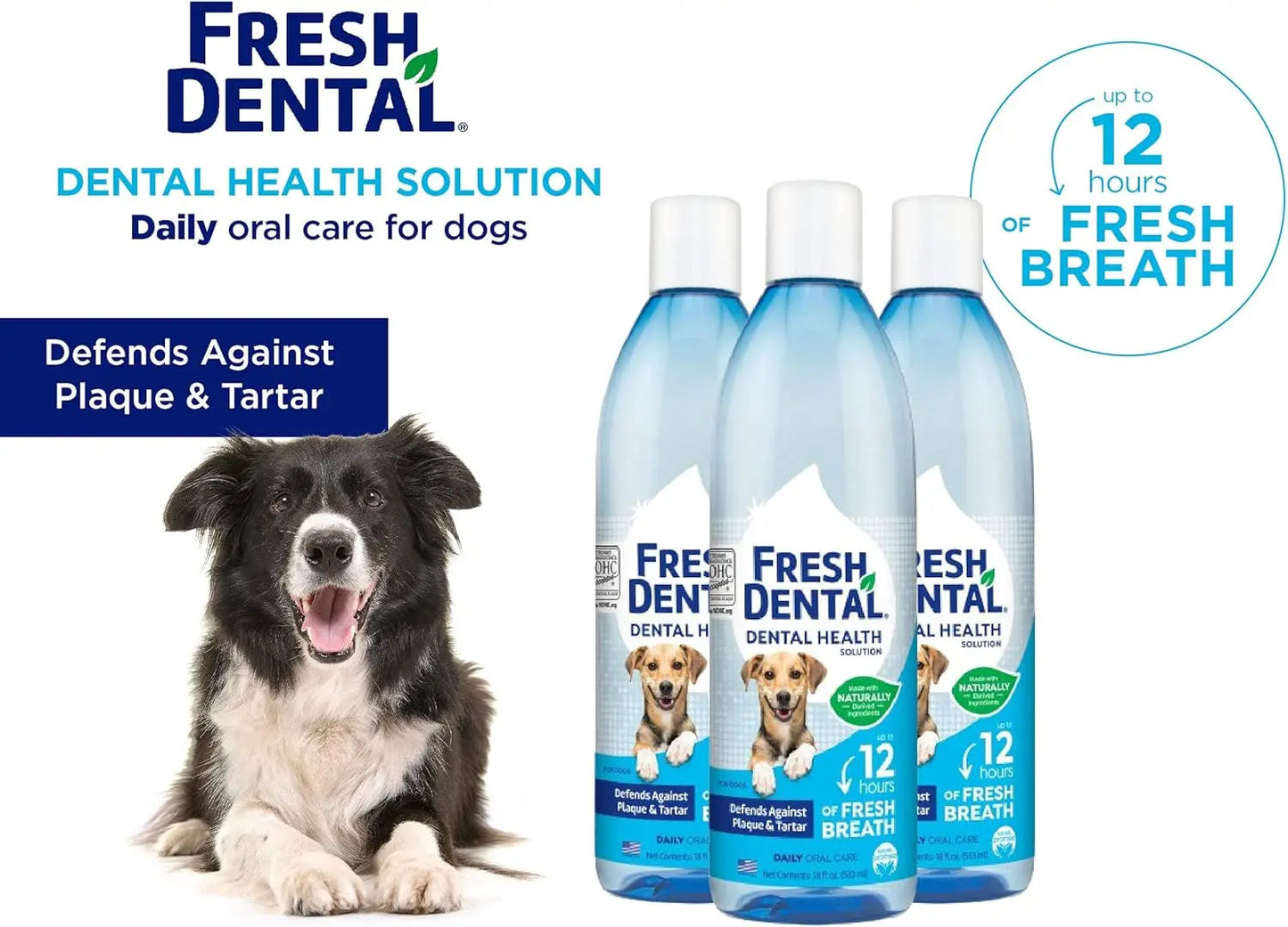 Fresh Dental Dental Health Solution for Dogs, 18Oz - 3 Pack - Oral Health Solution for Dogs - Easy to Use - Helps Clean Teeth - Freshens Breath up to 12 Hours - No Brushing Required