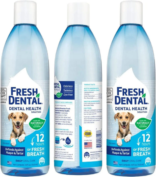 Fresh Dental Dental Health Solution for Dogs, 18Oz - 3 Pack - Oral Health Solution for Dogs - Easy to Use - Helps Clean Teeth - Freshens Breath up to 12 Hours - No Brushing Required
