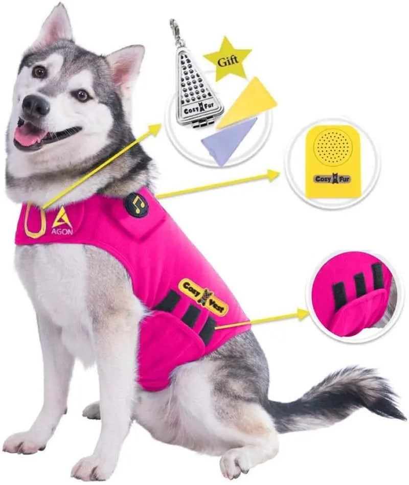 3-In-1 Anxiety Vest Music & Aromatherapy Dog Coat Relaxing Sound & Essential Oil Scent Canine Stress Relief Fireworks Thunder Separation Shirt Jacket Thunderstorm (Large [41-64 Lbs], Pink)